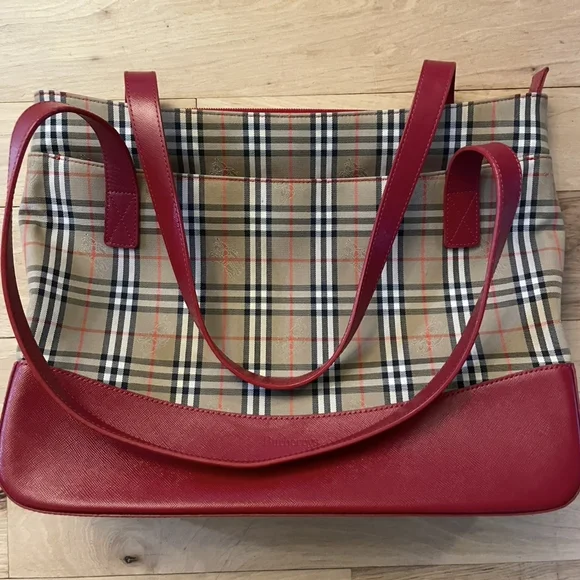 Vintage Burberrys Nova Check Tote Red Leather Trim - Picture 1 of 11